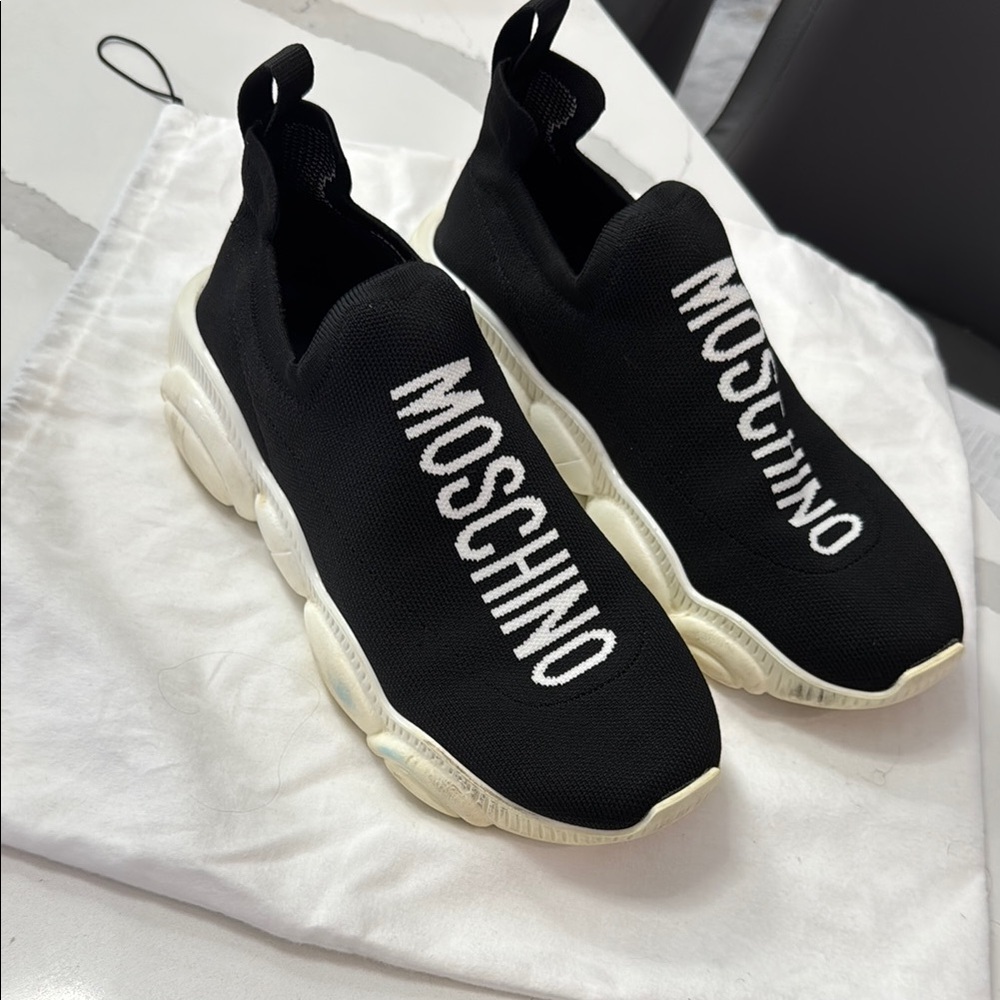 Moschino Black and Cream Slip-On Sneakers